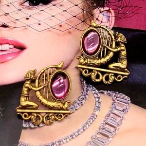 Vintage Estate Ancient Egyptian Warrior Harp Gold Statement Earrings